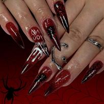 24Pcs Halloween Press on Nail Almond Shaped Glues on Nail with Spiders Design Stick on Nail Full Cover Artificial Nail 1