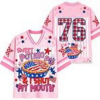 Funny Patriotic Food Letter Printed Football Jersey Star Checkerboard Decor Mesh Retro USA Holiday Streetwear Sports Top S