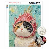 Pearl Painting DIY Kit Calico Cat with Flaming Helmet Frameless Sparkling Bead Art Canvas Creative Home Decor Craft for Beginners 30x40cm