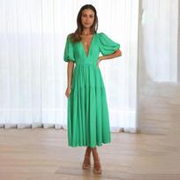 Moteriška pavasario vienspalvė suknelė trumpomis pūstomis rankovėmis Vasarinė laisvalaikio V formos kaklo suknelės iki kulkšnies aukštu juosmeniu S-XL XL