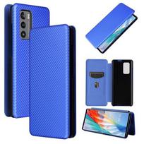 Skirta LG Wing 5G, anglies pluošto tekstūros, horizontaliai atverčiamas, TPU + PC + PU odinis dėklas su kortelės lizdu For LG Wing 5G mėlyna