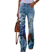 High Waist Button Zipper Fly Pockets Straight Leg Imitation Jeans Blooming Flower Pattern 4XL