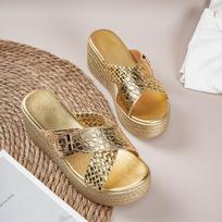 Fashion Gold Cross Band Wedges Sandals for Women Large Pearl Patent Leather Chunky Platform Slippers Thick Sole Non Slip Party Shoes 34