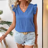 Spring Summer Solid Color Blouses V-neck Black Fungus Edge Short Sleeved Women's Top S mėlyna