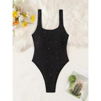 Women's Black Glitter Textured Scoop Neck One-Piece Swimsuit M juoda