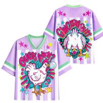 Funny Bubble Gum Chicken Star Letter Print V Neck Jersey Pink Vertical Stripe Green Cuff Casual Y2K Streetwear Sports Top S