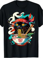 Men's Cute Cat Ramen Graphic T-Shirt - , Crew Neck,  All-Season Casual Wear,  Allseason Apparel | Whimsical Design S juoda