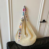 Large Capacity Crochet Tote Bag Ethnic Style Hollow Out Woven Bag Embroidered Strap Knitting Handbag For Female Travel CLE 40*43cm smėlis