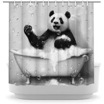 Black & White Panda Shower Curtain - Funny Animal On Raindrop Background, Cute Wild Bath Decor In Fabric W60H190(CM)-1 Pcs