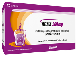 Milteliai geriamajam tirpalui paketėlyje nuo karščiavimo ir skausmo ARAX 500 mg, 20 vnt.
