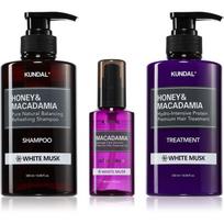 KUNDAL Honey & Macadamia White Musk rinkinys sausiems ir pažeistiems plaukams