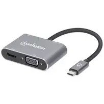 Manhattan USB-C dokų stotelė / šakotuvas, 4 prievadai: HDMI, USB-A, USB-C ir VGA, su Power Delivery (PD) 87W – reikalingas išorinis USB-C įkroviklis (neįtrauktas). Maitinama per USB (nereikia išorinio maitinimo šaltinio), kai PD nenaudojamas. Aliuminis