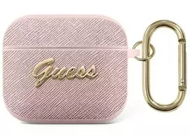 „Guess“ GUA3SASMP Saffiano Script Metal Collection apsauginis dėklas Apple AirPods 3rd Generation ausinukams, rožinis