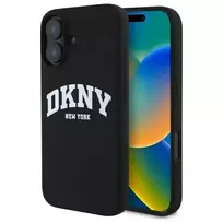 DKNY DKHMP16SSNYACH Kietas Dėklas Apple iPhone 16 6,1 colio Juodas Silikonas su Baltu Spausdintu Logotipu MagSafe