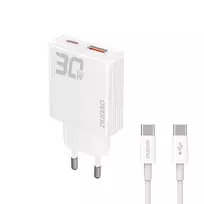 Dudao A30EU GaN 30W USB-C USB-A sieninis įkroviklis su USB-C į USB-C laidu 1m Baltas