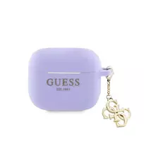 Guess AirPods 3 Dėklas Silikoninis Classic Logo Gold su 4G Pakabuku Violetinis