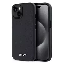 DKNY PU Leather Silver Metal Logo Magsafe Case for iPhone 15 Black