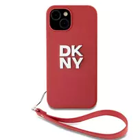 DKNY PU Leather Stack Logo Wrist Strap Case for iPhone 15 Red