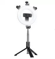 CP X5 LED 16cm įkraunamas selfie žiedinis šviestuvas su BT nuotoliniu valdymu, rankena, grindiniu stovu 20-90cm ir telefono laikikliu