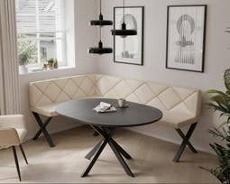 Virtuvinis kampas VERO X Dydis: 128x168 cm, kampo pusė: kairė, spalvos: Soft 18 smėlio, apdaila: dygsniuotas atlošas