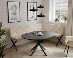 Virtuvinis kampas VERO X Kampo pusė: Dešinė, Dydis: 142x196 cm , Spalvos: Soft 18 smėlio , Apdaila: Dygsniuotas atlošas