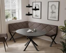 Virtuvinis kampas VERO X Kampo pusė: Kairė, Spalvos: Soft 30 (Ruda), Dydis: 142x196 cm , Apdaila: Dygsniuotas atlošas
