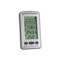 TFA 35.1079 Axis Weather Station su DCF-77 radijo valdomu laiku, vienspalviu LCD, 433 MHz belaidžiu lauko davikliu, temperatūra ir drėgmė, orų prognozė, mėnulio fazė, žadintuvas su snaudimu, foninis apšvietimas, montuojama ant sienos