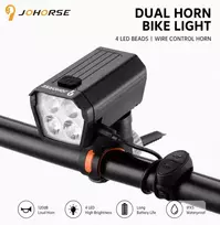 iLike JOHORSE USB Įkraunamas Dviračio Priekinis Žibintas su 120dB Elektriniu Garsiniu Signalu, 300LM 4 LED Dviračio Priekinė Šviesa, 7 Šviesos Režimai, Vairo Nuotolinis Jungiklis, IPX4 Atsparus Vandeniui Juoda