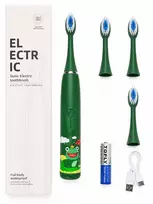iLike Kids Sonic Electric Toothbrush, Waterproof, 5 Brush Heads (1+4 Replacement Heads), Battery Powered, Soft Bristles, Green Frog Design, Green