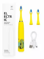 iLike Kids Rechargeable Sonic Electric Toothbrush, USB Charging, 3 Brush Heads (1+2 Replacement Heads), Soft Bristles, Waterproof, Yellow Crocodile Design