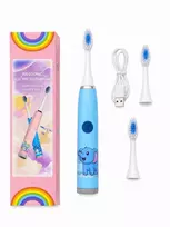 iLike Kids Rechargeable Sonic Electric Toothbrush, USB Charging, 3 Brush Heads (1+2 Replacement Heads), Soft Bristles, Waterproof, Blue Elephant Design Blue