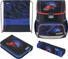 Herlitz Loop Plus High Speed mokyklinė kuprinė su priedais 17L - berniukams - pradinei mokyklai - 4 dalių rinkinys su penalais ir sporto krepšiu