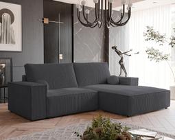 Minkštas kampinis sofa HUGO su miego funkcija ir patalynės dėže Spalva: Poso 34 (Tamsiai pilka), Kampo pusė: Dešinė