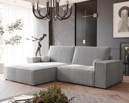 Minkštas kampinis sofa HUGO su miego funkcija ir patalynės dėže Spalva: Poso 110 (šviesiai pilka), Kampo pusė: Kairė