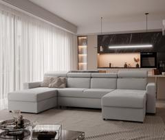 Minkštas kampinis sofa BENI U II su reguliuojamomis galvos atramomis ir miego funkcija Spalvos: Manila 15 (Šviesiai pilka)