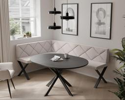 Virtuvinis kampas VERO X Dydis: 128x168 cm , Kampo pusė: Kairė, Spalvos: Inari 22 (Šviesus smėlio), Apdaila: Dygsniuotas atlošas