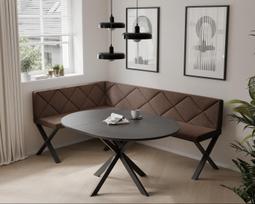Virtuvinis kampas VERO X Kampo pusė: kairė, Dydis: 142x196 cm , Spalvos: Inari 28 (ruda), Apdaila: dygsniuotas atlošas