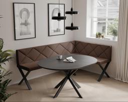 Virtuvinis kampas VERO X Kampo pusė: dešinė, Dydis: 142x196 cm , Spalvos: Inari 28 (Ruda), Apdaila: dygsniuotas atlošas
