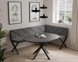 Virtuvinis kampas VERO X Kampo pusė: dešinė, Dydis: 142x196 cm, Spalvos: Inari 96 (tamsiai pilka), Apdaila: dygsniuotas atlošas