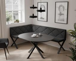 Virtuvinis kampas VERO X Dydis: 128x168 cm , Kampo pusė: Kairė, Spalvos: Inari 100 (Juoda), Apdaila: Dygsniuota atrama