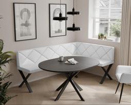 Virtuvinis kampas VERO X Dydis: 128x168 cm , Kampo pusė: Dešinė, Spalvos: Soft 17 (Balta), Apdaila: Dygsniuotas atlošas