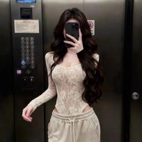 Women's High-Class White Lace Bodysuit - Long Sleeve Spicy Girl Top for Autumn Winter Extra Large balta