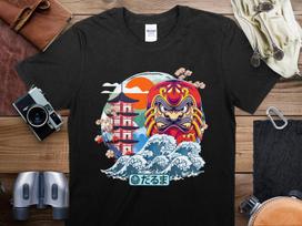 Japanese Traditional Art T-Shirt, Colorful Daruma and Waves Graphic Tee, Unisex Pagoda Sun Print Shirt L