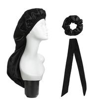 3Pcs Elastic Wide Edge Satin Bonnet Long Hair Hat Sleeping Hats Wrap Night Cap Hair Care Bonnet for Women Men Unisex Cap juoda