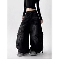 American Retro Y2K Style Washed Distressed Blue Baggy Women's Cargo Jeans Pants for Woman Clothing Wide Leg Denim Trousers XS juoda