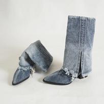 Džinsiniai moteriški vakarietiški Cowgirl batai Madingi keturkampiai aukštakulniai batai rudens žiema moteriški riterių bateliai 39 gray