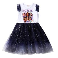 9197 Kid Girls Cartoon Katseye KPOP Super Star Printed Sleeveless Ruffle Dress 100cm balta