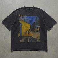 Van Gogh Café Terrace T-Shirt | Faded Raw Hem Art Tee | Heavy Cotton Unisex Streetwear L