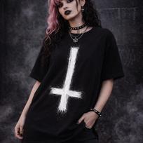 Inverted Cross T-Shirt - Raw Black Metal Graphic, Distressed Occult Art, Edgy Minimalist Satanic Streetwear Tee XL