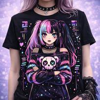 Pastelinės Goth Anime Cyberpunk Merginos Marškinėliai - Neoninis Glitch Estetika, Harajuku Gatvės Drabužiai, Alt Drabužiai, pastelgothic XL gray